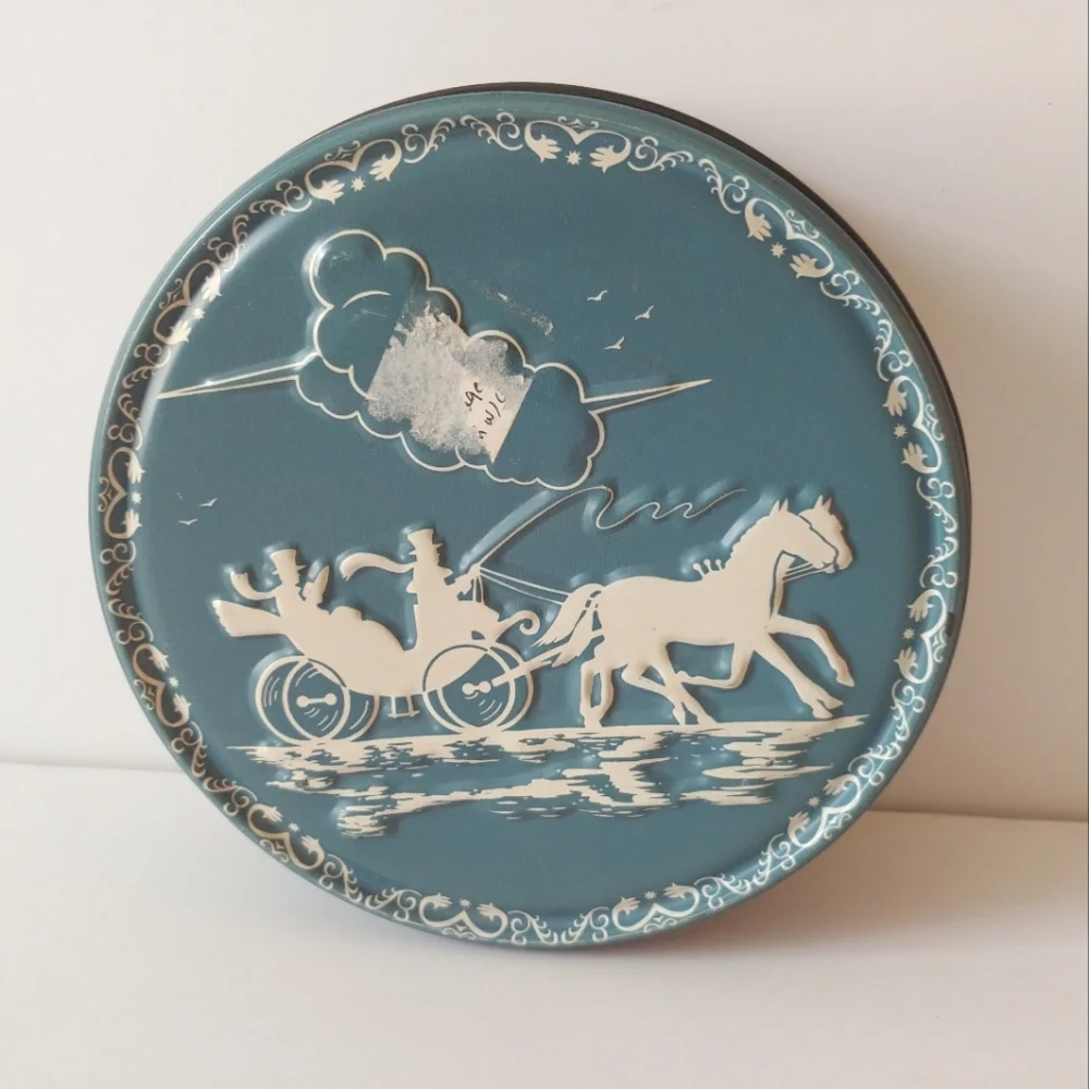 Vintage Tin Box Faux Wedgewood China Embossed Horse and Buggy Blue White